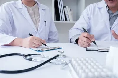 Medical second opinion — specialist physicians reviewing clinical records together